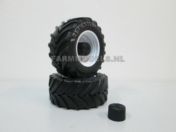 Vredestein Traxion 710/60 R34 (vooras) banden, Vredestein licht grijs + Die Cast velgen (NH) Wit + eindvertraging &Oslash; 52.3 mm 1:32 Universele set 