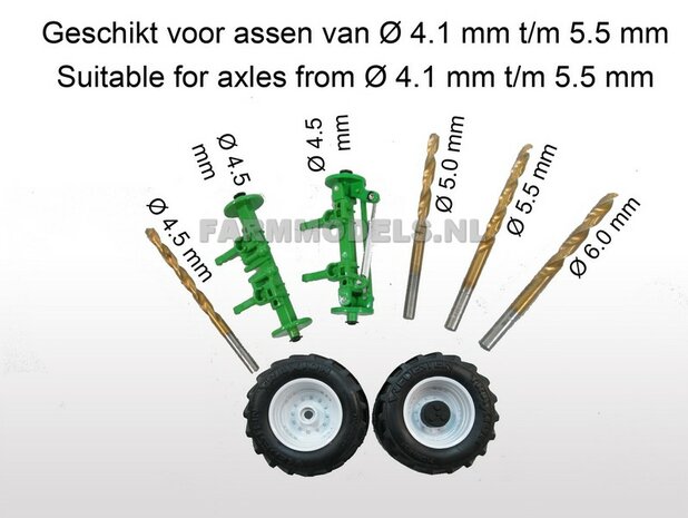 Vredestein Traxion 710/60 R34 (vooras) banden, Vredestein licht grijs + Die Cast velgen (NH) Wit + eindvertraging &Oslash; 52.3 mm , 1:32 Universele set 