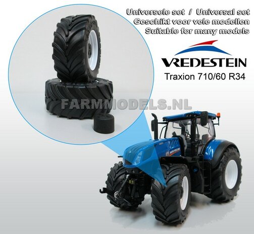 Vredestein Traxion 710/60 R34 (vooras) banden &Oslash; 52.3 mm + Die Cast velgen (NH) Wit + eindvertraging, 1:32 Universele set 