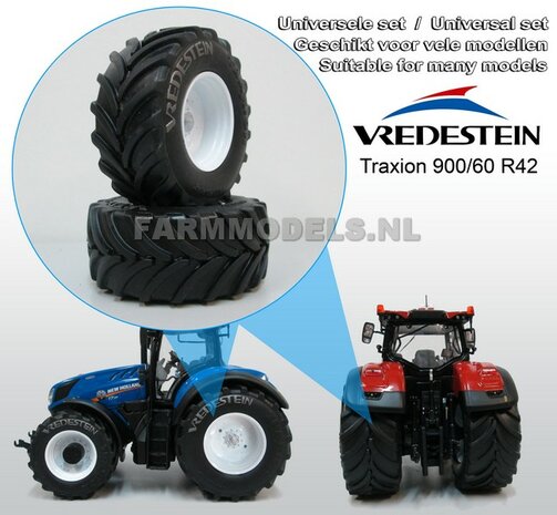 Vredestein Traxion 900/60 R42 (achteras) banden, Vredestein licht grijs + (NH) Wit Diecast velgen + &Oslash; 68.2 mm , 1:32 Universele set