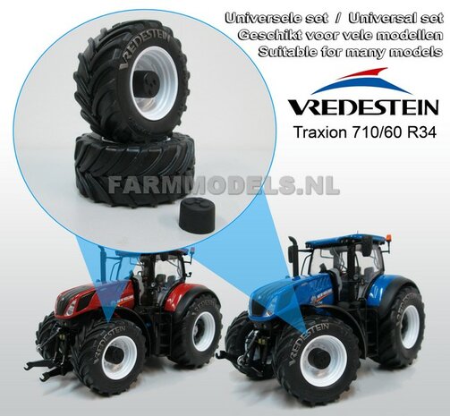 Vredestein Traxion 710/60 R34 (vooras) banden, Vredestein licht grijs + Die Cast velgen (NH) Wit + eindvertraging &Oslash; 52.3 mm , 1:32 Universele set 