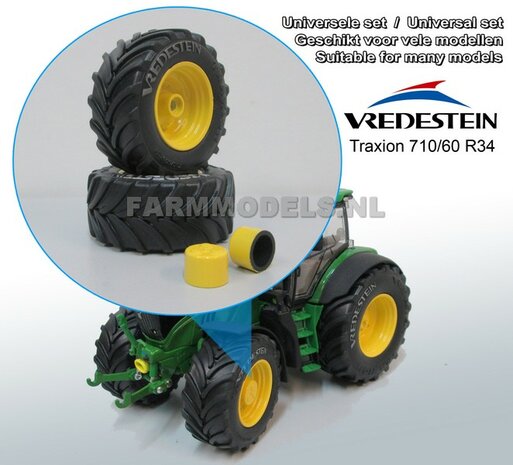 Vredestein Traxion 710/60 R34 (vooras) banden + Vredestein licht Grijs + Die Cast velgen JD Geel + eindvertraging &Oslash; 52.3 mm , 1:32 Universele set                             