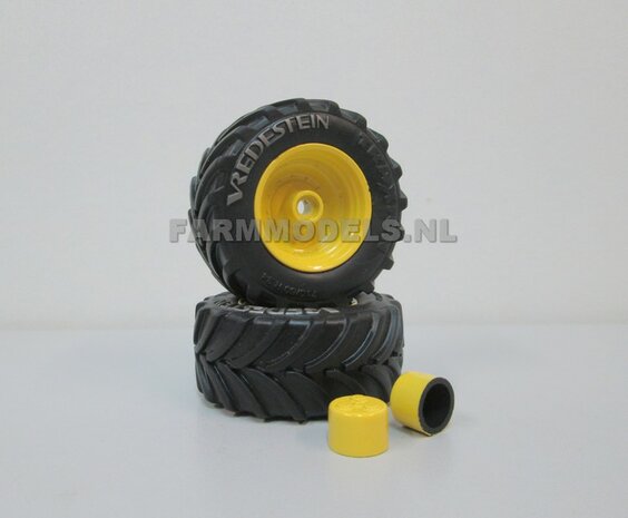 Vredestein Traxion 710/60 R34 (vooras) banden + Vredestein licht Grijs + Die Cast velgen JD Geel + eindvertraging &Oslash; 52.3 mm , 1:32 Universele set                             