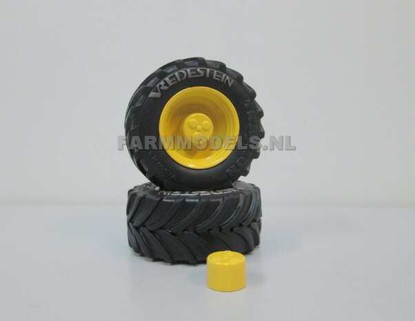 &Oslash; 52.3 x 24 mm: 2x Vredestein Traxion banden + Vredestein Grijs OPDRUK + Die Cast velgen + eindvertraging  JD GEEL Gespoten geleverd 1:32 Universele set                             
