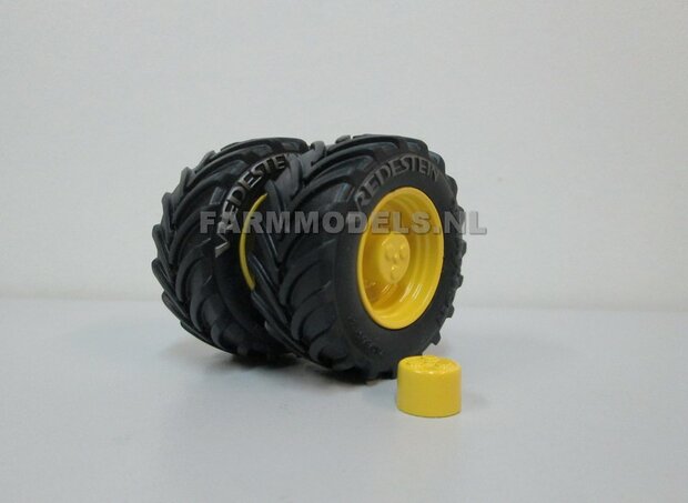 Vredestein Traxion 710/60 R34 (vooras) banden + Vredestein licht Grijs + Die Cast velgen JD Geel + eindvertraging &Oslash; 52.3 mm , 1:32 Universele set                             