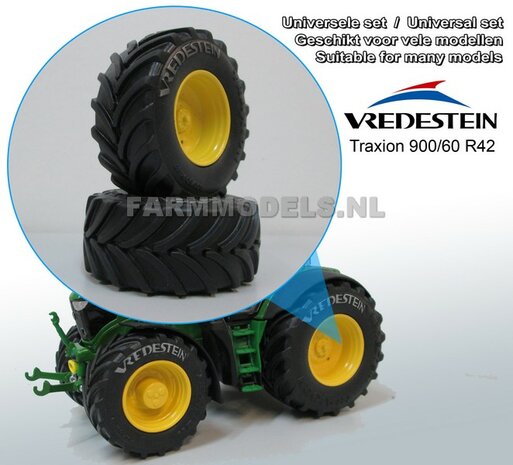 Vredestein Traxion 900/60 R42 (achteras) banden + Vredestein opdruk licht grijs + JD Geel Diecast velgen + &Oslash; 68.2 mm , 1:32 Universele set