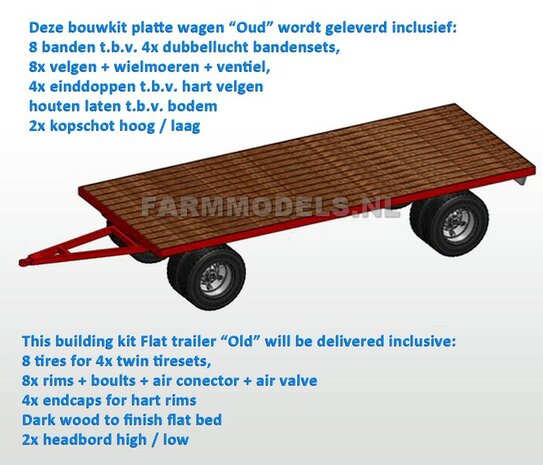 Bouwkit platte wagen 2- asser &quot;Oud&quot; + dubbellucht banden + houten bodemlatten + detail verlichting 1:32 (HTD)