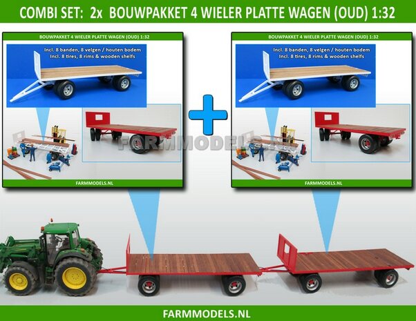 2x Bouwkit platte wagen 2- asser &quot;Oud&quot; = 2x nr 28270 + dubbellucht banden + houten bodemlatten + detail verlichting 1:32 (HTD) 