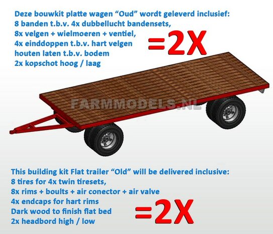 2x Bouwkit platte wagen 2- asser &quot;Oud&quot; = 2x nr 28270 + dubbellucht banden + houten bodemlatten + detail verlichting 1:32 (HTD) 