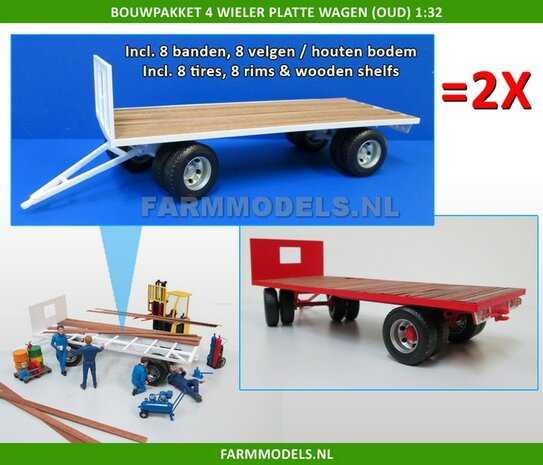 2x Bouwkit platte wagen 2- asser &quot;Oud&quot; = 2x nr 28270 + dubbellucht banden + houten bodemlatten + detail verlichting 1:32 (HTD) 