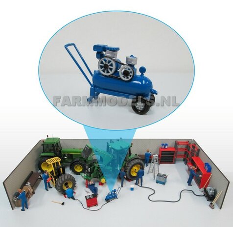 Compressor op wielen, blauw, handgebouwd, 1:32 