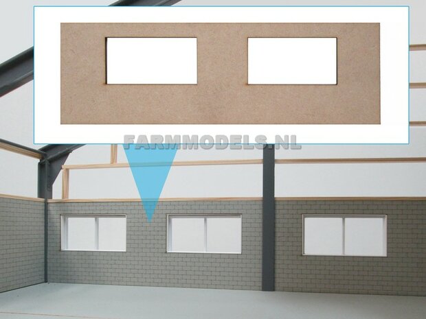 1x muurdeel Blank + 2x raamuitsparing - 250 x 80 x 3 mm, kaal hout - t.b.v. (bewaar-) loods / stal / kantoor / huis, 1:32