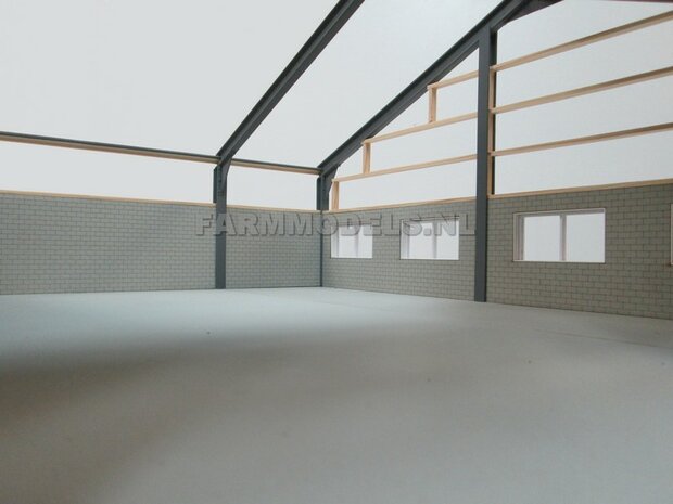 1x muurdeel Beton grijs mat + 2x raamuitsparing -, 250 x 80 x 3 mm, Hout in Betonkleur - t.b.v. (bewaar-) loods / stal / kantoor / huis, 1:32