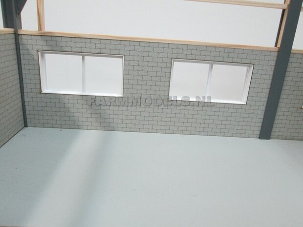 1x muurdeel Kalkzandsteen Beton grijs mat + 2x raamuitsparing - 250 x 80 x 3 mm, Hout in Betonkleur - t.b.v. (bewaar-) loods / stal / kantoor / huis, 1:32               