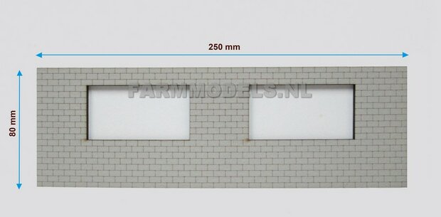 1x muurdeel Kalkzandsteen Beton grijs mat + 2x raamuitsparing - 250 x 80 x 3 mm, Hout in Betonkleur - t.b.v. (bewaar-) loods / stal / kantoor / huis, 1:32               