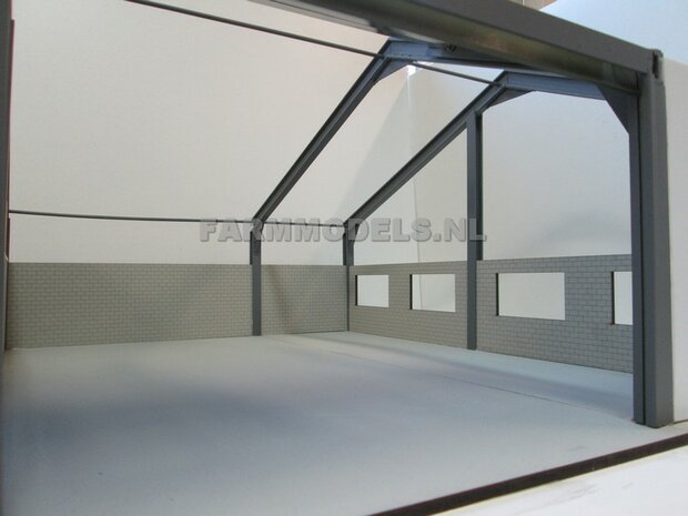 1x muurdeel Kalkzandsteen Beton grijs mat + 1x raam- + 1x Raam / Deur uitsparing- 250 x 80 x 3 mm, Hout in Betonkleur - t.b.v. (bewaar-) loods / stal / kantoor / huis, 1:32