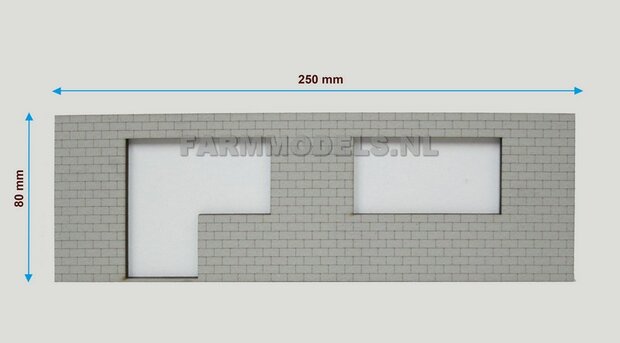 1x muurdeel Kalkzandsteen Beton grijs mat + 1x raam- + 1x Raam / Deur uitsparing- 250 x 80 x 3 mm, Hout in Betonkleur - t.b.v. (bewaar-) loods / stal / kantoor / huis, 1:32