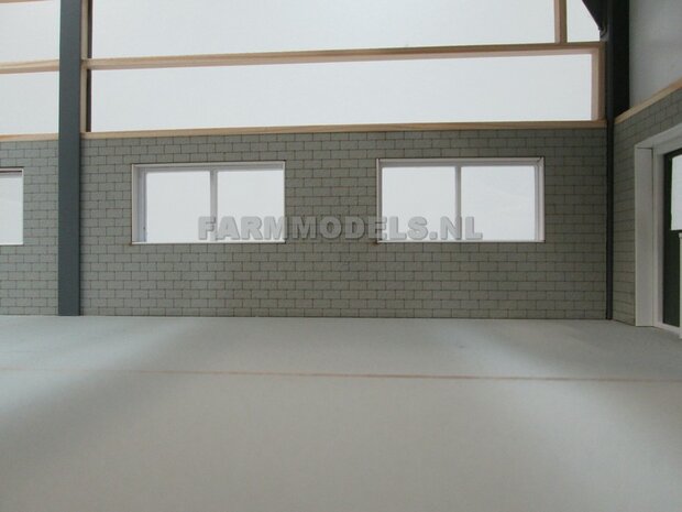 1x muurdeel Beton grijs mat + 1x Dubbele Deur uitsparing - 250 x 80 x 3 mm, Hout in Betonkleur - t.b.v. (bewaar-) loods / stal / kantoor / huis, 1:32