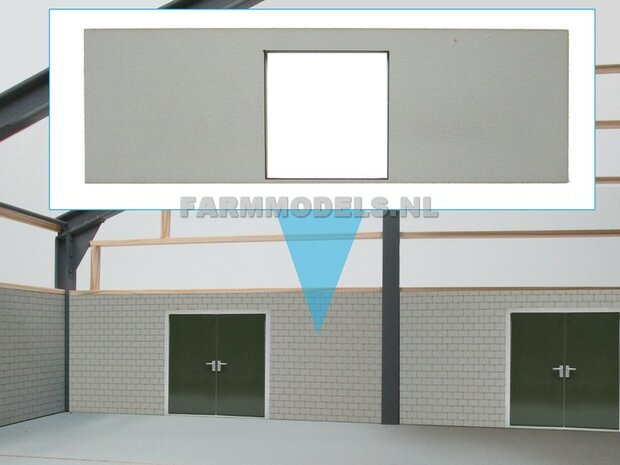 1x muurdeel Beton grijs mat + 1x Dubbele Deur uitsparing - 250 x 80 x 3 mm, Hout in Betonkleur - t.b.v. (bewaar-) loods / stal / kantoor / huis, 1:32