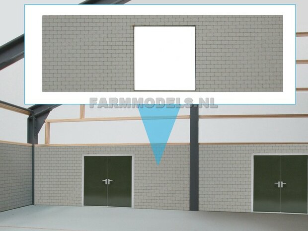 1x muurdeel Kalkzandsteen Beton grijs mat + 1x Dubbele Deur uitsparing- 250 x 80 x 3 mm, Hout in Betonkleur - t.b.v. (bewaar-) loods / stal / kantoor / huis, 1:32