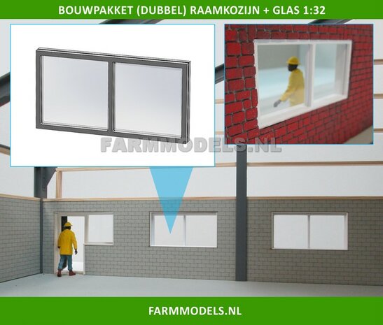 1x (Dubbel) Raamkozijn + Glas - Kozijn 70 x 36 mm - Kunststof wit - t.b.v. (bewaar-) loods / stal / kantoor  / huis, 1:32 (HTD)         