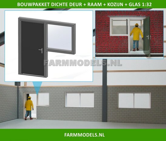 1x Dichte Deur + Raam + Kozijn + Glas - Kozijn = 70 x 67.8 mm - Kunststof wit - t.b.v. (bewaar-) loods / stal / kantoor / huis, 1:32 (HTD)                                       