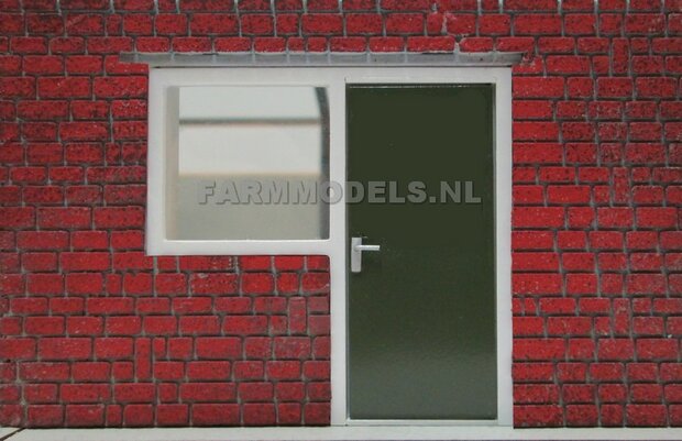 1x Dichte Deur + Raam + Kozijn + Glas - Kozijn = 70 x 67.8 mm - Kunststof wit - t.b.v. (bewaar-) loods / stal / kantoor / huis, 1:32 (HTD)                                       