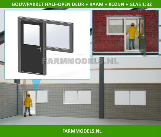 1x Half-Open Deur + Raam + Kozijn + Glas - Kozijn = 70 x 67.8 mm - Kunststof wit - t.b.v. (bewaar-) loods / stal / kantoor / huis, 1:32                  