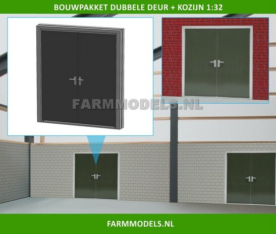  1x Dubbele Deur (Dicht) + Kozijn - Kozijn = 63.3 x 67.8 mm - Kunststof wit - t.b.v. (bewaar-) loods / stal / kantoor / huis, 1:32 (HTD)                 