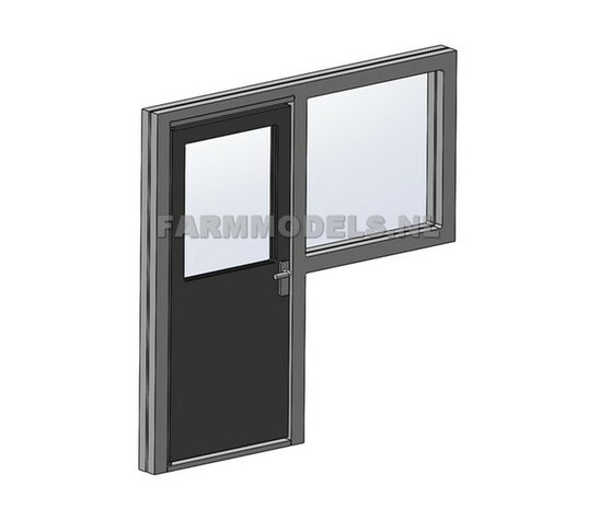 1x Half-Open Deur + Raam + Kozijn + Glas - Kozijn = 70 x 67.8 mm - Kunststof wit - t.b.v. (bewaar-) loods / stal / kantoor / huis, 1:32                  