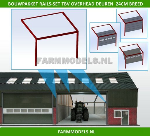 1x RAILSET 24 cm breed t.b.v. (Overhead) Deuren- Kunststof wit - BOUWKIT t.b.v. (bewaar-) loods / stal / kantoor / huis, 1:32 (HTD)                