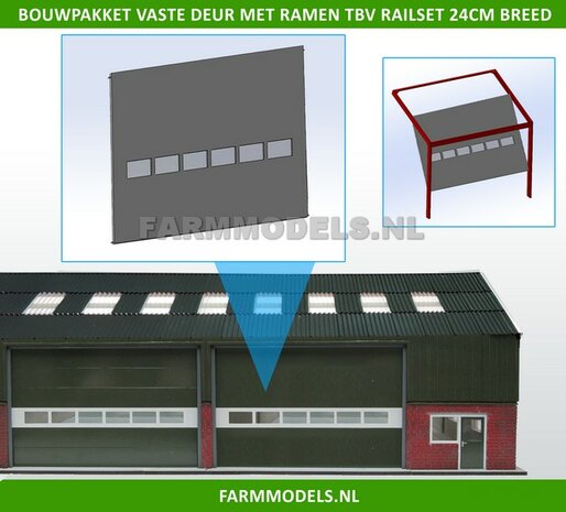 1x Vaste Deur Plaat + 6 Ramen t.b.v. railset 24 cm breed -BOUWKIT- Kunststof wit t.b.v. (bewaar-) loods / stal / kantoor / huis, 1:32 (HTD)