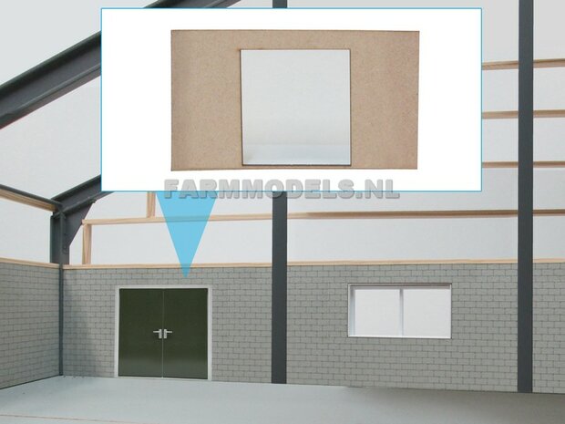 1x muurdeel Blank + 1x Dubbele Deur uitsparing- 160 x 80 x 3 mm, kaal hout - t.b.v. (bewaar-) loods / stal / kantoor / huis, 1:32