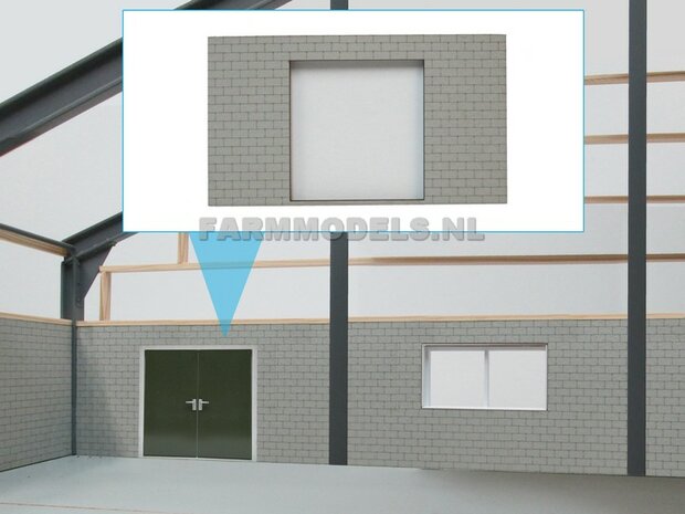 1x muurdeel Kalkzandsteen Beton grijs mat + 1x Dubbele Deur uitsparing- 160 x 80 x 3 mm, Hout in Betonkleur - t.b.v. (bewaar-) loods / stal / kantoor / huis, 1:32