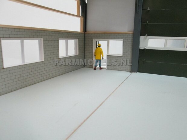 1x muurdeel Kalkzandsteen Beton grijs mat + 1x Raam / Deur uitsparing- 160 x 80 x 3 mm, Hout in Betonkleur - t.b.v. (bewaar-) loods / stal / kantoor / huis, 1:32                           