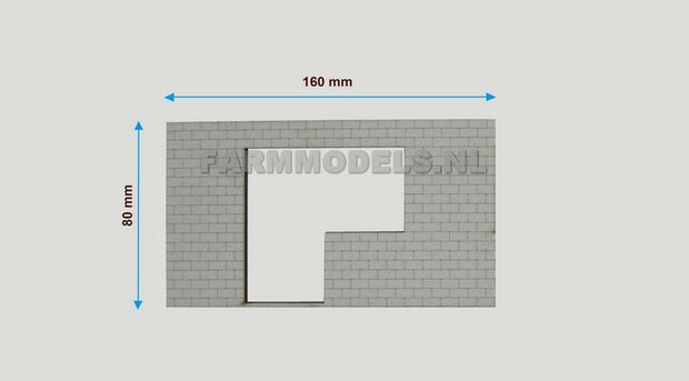 1x muurdeel Kalkzandsteen Beton grijs mat + 1x Raam / Deur uitsparing- 160 x 80 x 3 mm, Hout in Betonkleur - t.b.v. (bewaar-) loods / stal / kantoor / huis, 1:32                           