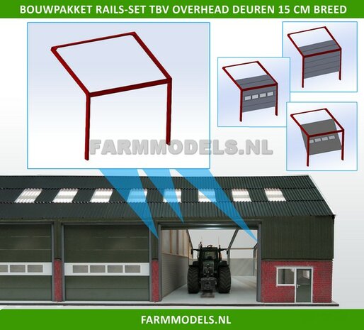 1x RAILSET 15 cm breed t.b.v. (Overhead) Deuren- Kunststof wit - BOUWKIT t.b.v. (bewaar-) loods / stal / kantoor / huis, 1:32 (HTD)              