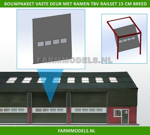 1x Vaste Deur Plaat + 4 Ramen t.b.v. railset 15 cm breed -BOUWKIT- Kunststof wit t.b.v. (bewaar-) loods / stal / kantoor / huis, 1:32 (HTD)