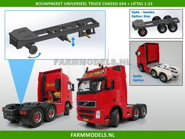Universeel Vrachtwagen Chassis 6x4 met lift as, BOUWKIT Basis 1:32 (HTD)