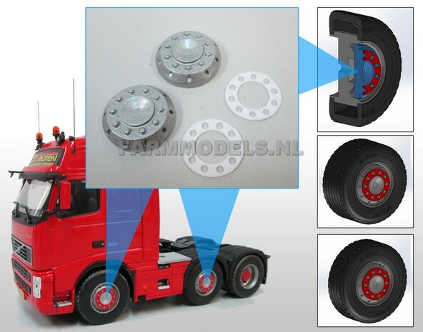 2x Ombouw / Inleg-deel + Center Ring t.b.v. Super Single / Smalle Truck banden (=velg kom+ring) NU BLANK GELEVERD, &Oslash; 17.3 x 5 mm, 1:32                               