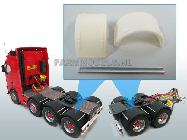 2x Brede Half Ronde Spatborden set t.b.v. Dubbellucht (Truck/Trailer) banden + &Oslash; 1.6 mm aluminium pijp, Resin  1:32              