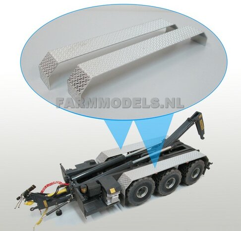 2x Aluminium miniatuur traanplaat spatborden, 1:32 geschikt voor 3 asser voor o.a. Joskin/ROS/VMR Veenhuis bouwpakket  