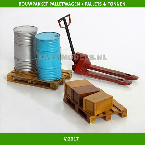 Palletwagen bouwkit, + pallets, 2 tonnen en kisten (PLM345) 