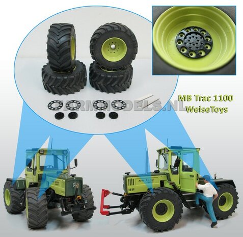 &Oslash; 47 mm: 4x brede banden + alu. velgen MB Trac 1100 , Velgen MB Trac groen + zwarte planeetkappen + wielboutringen, geschikt voor MB trac 1100 1:32            