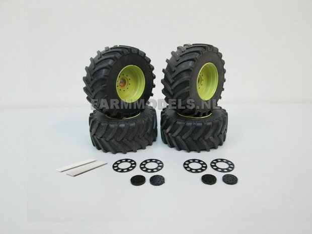 &Oslash; 47 mm: 4x brede banden + alu. velgen MB Trac 1100 , Velgen MB Trac groen + zwarte planeetkappen + wielboutringen, geschikt voor MB trac 1100 1:32            