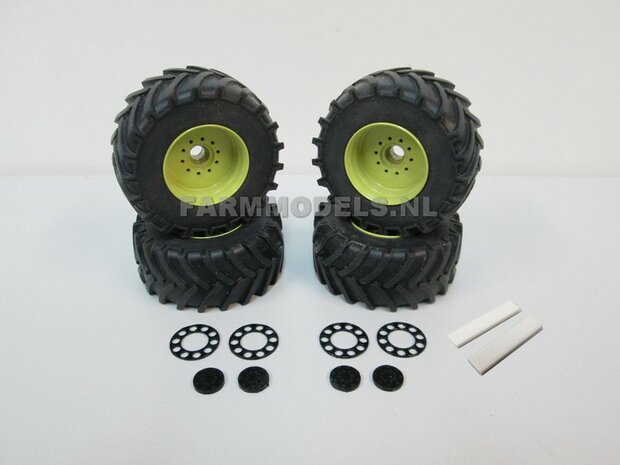 &Oslash; 47 mm: 4x brede banden + alu. velgen MB Trac 1100 , Velgen MB Trac groen + zwarte planeetkappen + wielboutringen, geschikt voor MB trac 1100 1:32            