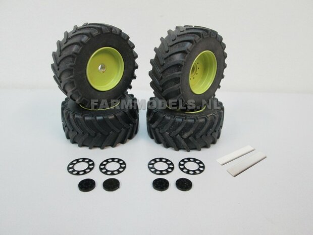 &Oslash; 47 mm: 4x brede banden + alu. velgen MB Trac 1100 , Velgen MB Trac groen + zwarte planeetkappen + wielboutringen, geschikt voor MB trac 1100 1:32            