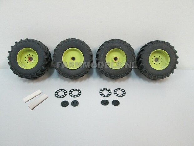 &Oslash; 47 mm: 4x brede banden + alu. velgen MB Trac 1100 , Velgen MB Trac groen + zwarte planeetkappen + wielboutringen, geschikt voor MB trac 1100 1:32            
