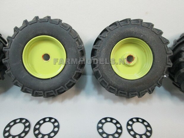 &Oslash; 47 mm: 4x brede banden + alu. velgen MB Trac 1100 , Velgen MB Trac groen + zwarte planeetkappen + wielboutringen, geschikt voor MB trac 1100 1:32            
