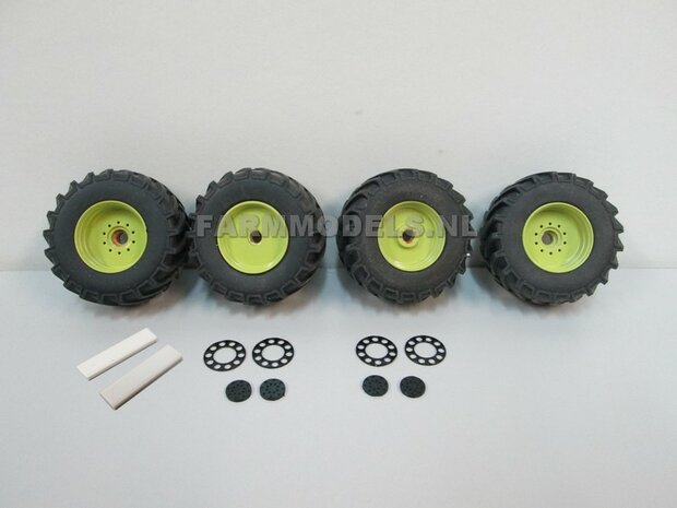 &Oslash; 47 mm: 4x brede banden + alu. velgen MB Trac 1100 , Velgen MB Trac groen + zwarte planeetkappen + wielboutringen, geschikt voor MB trac 1100 1:32            